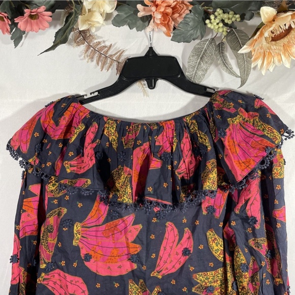 NWT Farm Rio [ Small ] Patchwork Bananas Ruffle Long Sleeve Blouse in Blue‎ - Picture 10 of 13